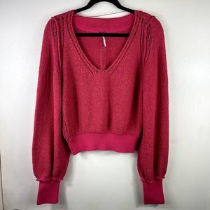 Free People Riptide Sweater Women Size Extra Small XS Pink V Neck Balloon Sleeve